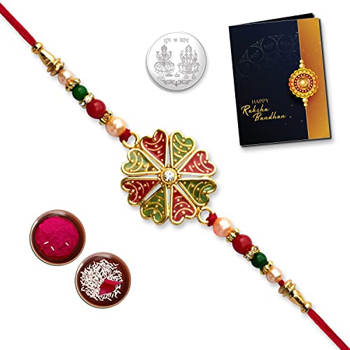 Image of Periapt Radha Krishna Rakhi for Brother with Assorted Chocolates Gift Potli, Multicolour Beads, Roli Chawal, Shagun Coin and Greeting Card, Raksha Bandhan Combo