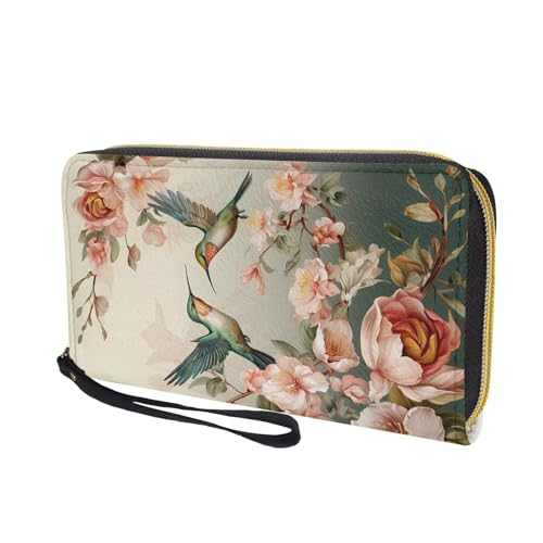 Hummingbird Floral Wristlet Wallets for Womens Clutch Purse Leather Handbag with Wrist Strap Large Capacit2