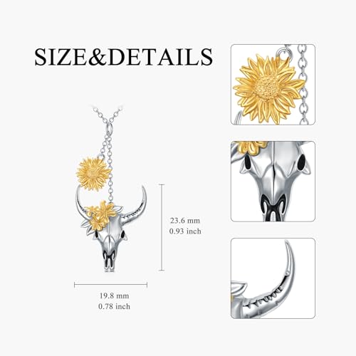 Bull-Necklace-925-Sterling-Silver-Bull-Skull-Head-with-Sunflower-Pendant-Cowgirl-Cowboy-Necklace-Boho-Western-Country-Jewelry-Gifts-for-Women Bull Necklace 925 Sterling Silver Bull Skull Head with Sunflower Pendant Cowgirl Cowboy Necklace Boho Western Country Jewelry Gifts for Women
