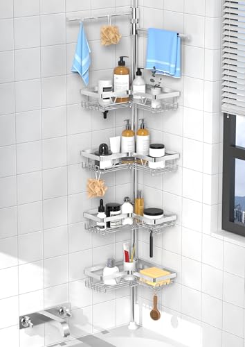 Image of KEGII Shower Caddy Tension Pole with 2 Towel Bars, Adjustable Corner Bathroom Organizer, Rustproof Bathtub Storage Shelves for Shampoo, 25-114.2 Inch Shower Rack for Renters & Family, Silver