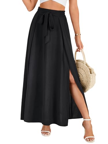 LYANER Women's Tie Knot Front Side Split Pleated A line High Waist Flowy Boho Long Skirt