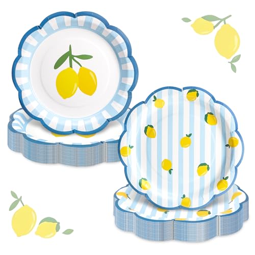 AnyDesign 48 Pcs Lemon Blue Stripe Paper Plates 9 Inch Scalloped Edge Disposable Plates Decorative Dessert Plate for Summer Baby Shower Birthday Party Supplies Table Decor