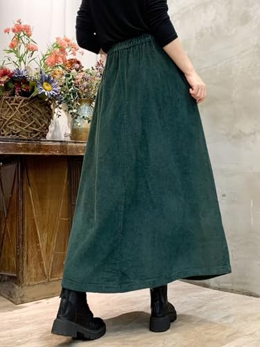 ebossy Women's Corduroy Maxi Skirt Elastic High Waist Drawstring Tie Front A-Line Pleated Long Skirt with Pockets3