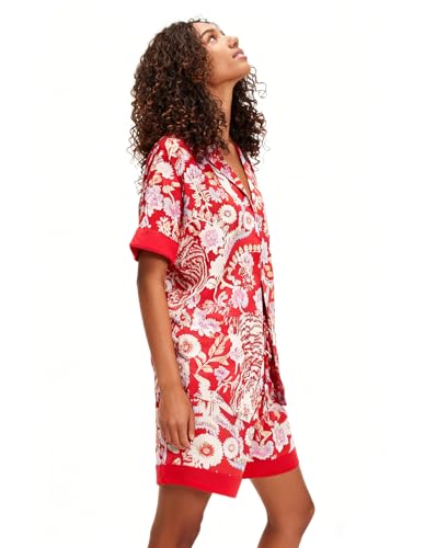 Image of Women Silk Pajamas Floral Satin 2 Piece Pajama Sets | Button Down Short Sleeve Shirt and Elastic High Waist Shorts, Vintage 2Pcs Pj Sets, Two Piece Lounge Set, Elegant Sleepwear