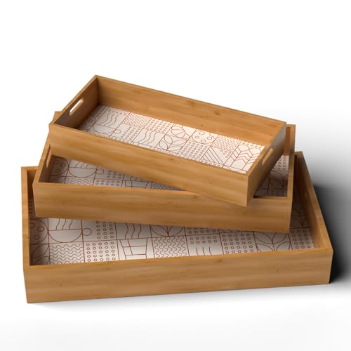 Image of Lifelong Set of 3 Premium Handcrafted Wooden Tray for Serving(16x10,14x8,12x6 inch) Tray Set for Decoration | Kitchen & Dining Tray |Premium MDF | Large, Medium, Small Multipurpose Tray|Enamel Coated