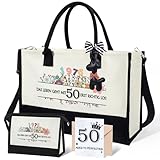 Seutgjie Geschenke zum 50 Geburtstag Frau Vintage 1976 Canvas Einkaufstasche Tragetasche Kosmetiktasche Set mit Glückwunschkarte 50. Geburtstagsgeschenk für Mama Freundin Kollegin Schwester
