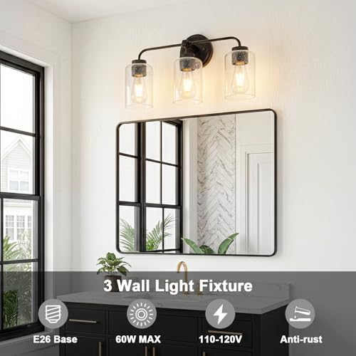 Image of 3-Light Bathroom Vanity Light Fixtures, 18 Inch Black Vanity Light | Thick Seeded Glass, Bathroom Wall Lamp for Mirror, Rust-Proof, Reversible Up /Down Mount, ETL Certified, E26 Ceramic Sockets