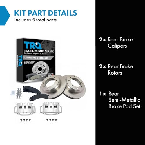 Image of TRQ Rear Brake Pad, Caliper, & Rotor Kit Semi-Metallic Compatible with 2008-2014 Ford E-150 E-250 2008-2019 E-350 Super Duty