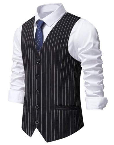 Maiyifu-GJ Men's Casual Pinstripe Dress Vests Formal Business Waistcoat Slim Fit Wedding Suit Vest for Suit or Tuxedo
