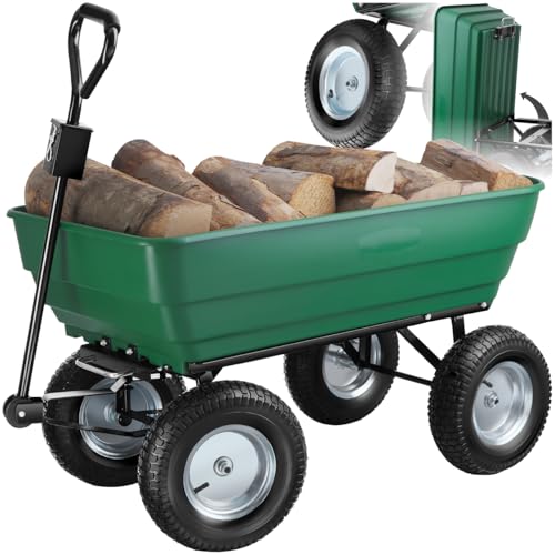 tectake® Chariot à roulettes Tout-Terrain Brouette Jardin 4 Roues avec Benne basculante Capacité Max. 125L Chariot à roulettes de Jardin Jardinage Charette pour...