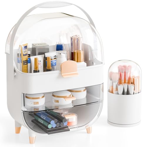 Yieach Makeup Skincare Organizer for Face Care Beauty Product,and Countertop Makeup Organizer with Cover,Make up Brush Holder,Large Capacity Cosmetic Storage Box & Caddy for Bathroom,Dresser,White