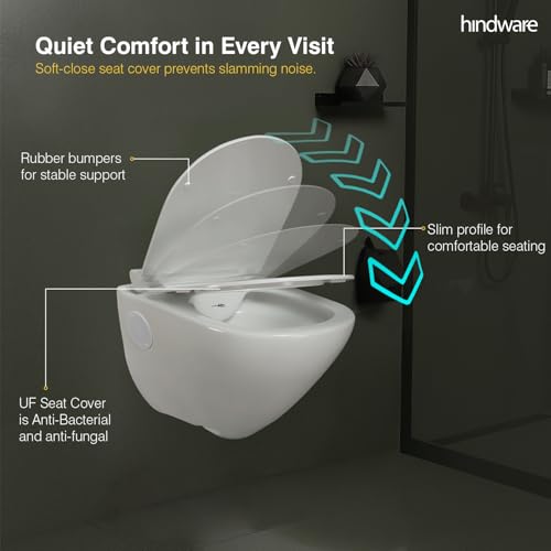 Image of Hindware Italian Collection Elegance Aura Commode for Bathroom | P-225 Trap | Made of Ceramic | 12-year Manufacturer Warranty | Rimless Design | Duroplast /UF Seat Cover | Soft Close | Wall Mount