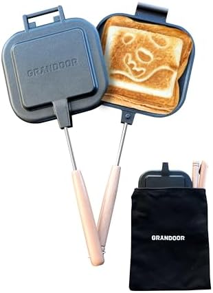 GRANDOOR ホットサンドメーカー 直火式 収納袋付き 耳まで焼ける圧着式 上下・取手部分が取り外し可能 フライパンとして使用可能 ホットサンド パンダ焼印入り アウトドア キャンプ 丸洗いOK