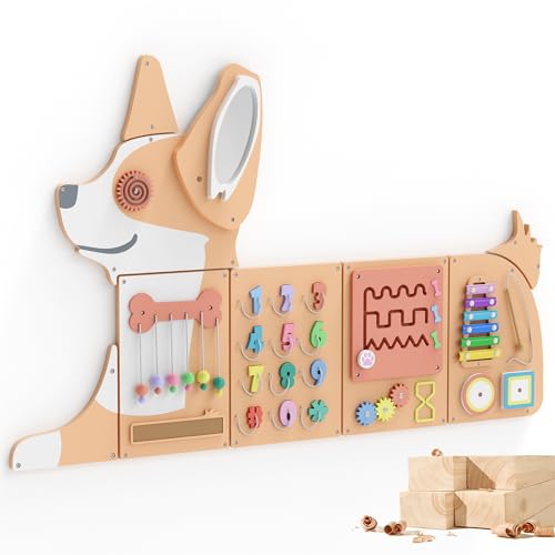 BlueWood Wooden Wall Busy Board Panels, Toddler Learning Activity Center, Montessori Philosophy Sensory, Educational Toys, Conducive to All-Round Development - Corgi
