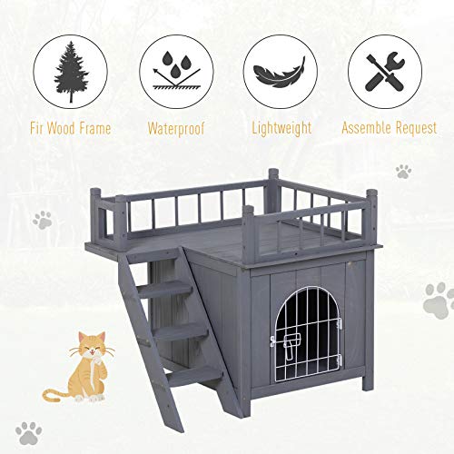 PawHut 2-Level Wooden Cat House, Outdoor Dog Shelter Cat Condo with Lockable Wire Door and Balcony, Grey - Image 5