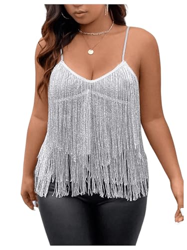 SHENHE Women's Plus Size Sequin Fringed Asymmetrical Cami Top Loose Party Club Top