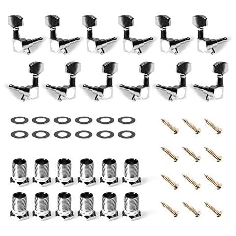 Cheerock 12Pcs Guitar String Tuning Pegs Tuner, Silver Machine Heads Knobs for Electric & Acoustic Guitar 6L 6R Cover