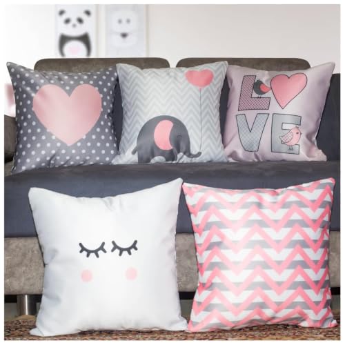 Image of Decorative Satin Sofa Cushion Covers Set of 5, 16 x 16 Inches, Multicolor Floral Printed Pillow Covers for Living Room, Bedroom, Couch & Sofa, Soft Glossy Fabric, Zipper Closure