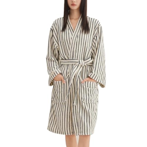 Cotton Terry Stripe Bathrobe For Women And Men,Luxury Kimono Soft Terry Cloth Robe,Comfortable Loungewear Nightwear