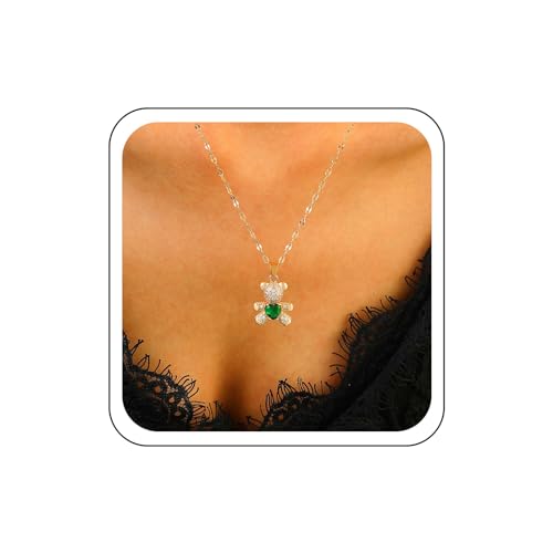 Zeshimb Cubic Zirconia Bear Necklace Green Heart Crystal Teddy Bear Necklace Cute Animal Bear Pendant Necklace Gold Thin Chain Necklace Jewelry for Women