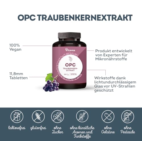 OPC Traubenkernextrakt - Hochdosiert mit 95% reines OPC - Aus französischen Weintrauben - Laborgeprüft (HPLC-Methode), Vegan - 180 Tabletten - Vitavea