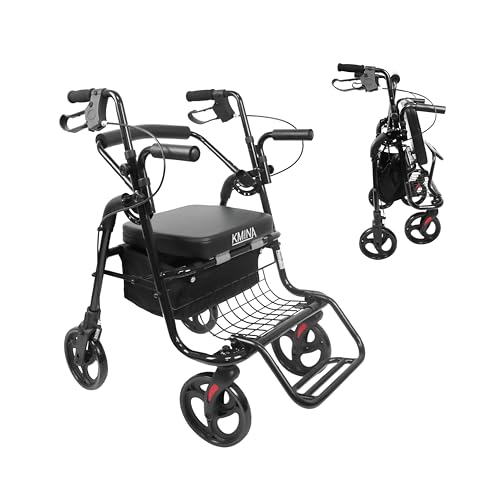 KMINA - Rollator Rollstuhl (2 in 1), Rollator Faltbar und Leicht, Rollator Schmal für Wohnung, Rollator mit Luftbereifung, Rollatoren, Rollstuhl Rollator Kombination Höhenverstellbar, Schwarz
