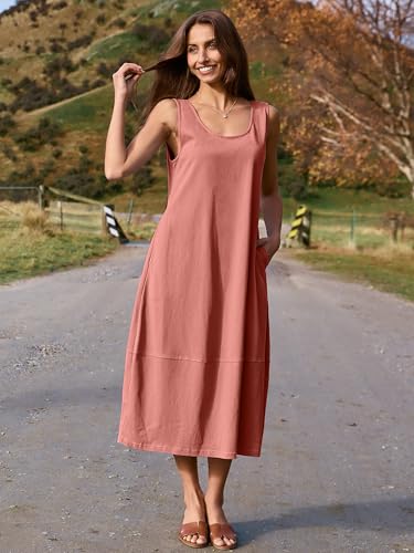 Image of BerryGo Women's Loose Casual Midi Cotton Dresses Sundress Sleeveless Beach Summer Trendy Tank Top Dress with Pockets