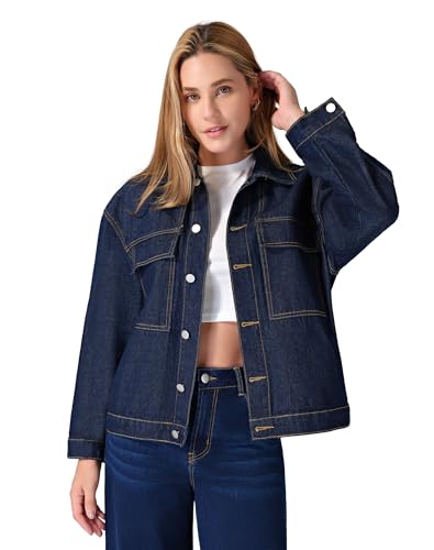 roswear Denim Jacket Coat for Women with Flap Chest Pockets Casual Oversized Jean Jackets Dark Blue Medium