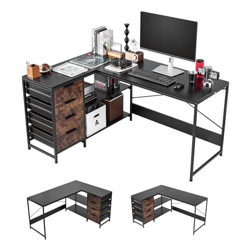 Image of VEVOR L-Shaped Computer Desk, 59-inch Reversible Corner Gaming Desk with Drawers & Storage Shelves, Modern Stylish PC Table Sturdy Work Workstation for Home Office - Easy to Assembly