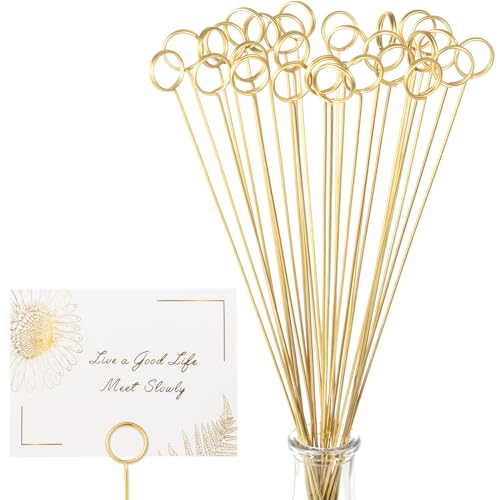 30Pcs Floral Card Holder Picks-Wire Place Card Holder for Wedding-Metal Photo Picture Clip Holder-Table Name Number Holder Memo Note Holder for Flower Arrangement Wedding Baby Shower Party Decorations (Gold Round)