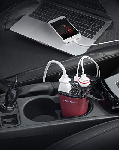 BESTEK 200W Car Power Inverter with 2 AC Outlets and 4.5A Dual USB Charging Ports Car Adapter with Car Cigarette Lighter Socket … (Cola Red)