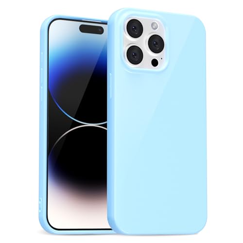 uvcoat for iPhone 14 Pro Case Silicone, Glossy Cute Jelly Soft Rubber Gel Protective Plastic Phone Case, Thin Ultra Slim Plain Solid Color Cover for Women, Light Blue