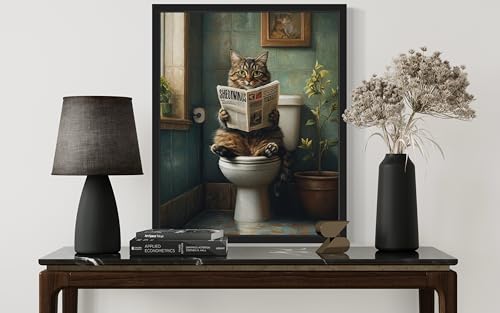 Image of Cat on Toilet Black Framed Wall Art Print Poster, Dog Bathroom Humor Decor Posters Prints for Restroom Home Picture Painting Artwork Gallery 7 (Cat, 20 inchL x 16 inchW, Black Frame)