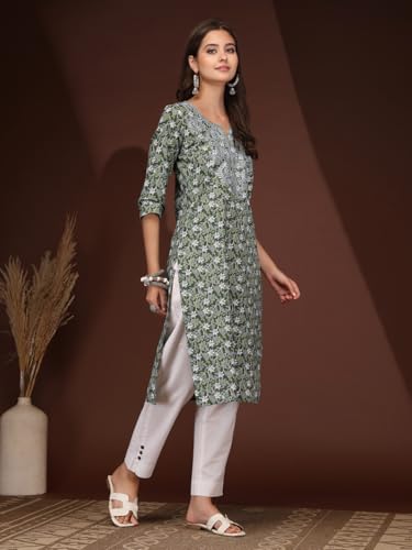 Image of Women Cotton Floral Printed Casual Straight Embroidery Kurta | Formal Kurti for Women
