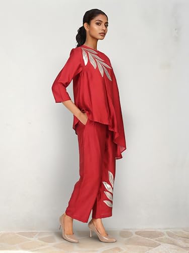 Image of Women's Magenta Chanderi Sequin Embroidered Co-ord Set | Round Neck 3 /4 Sleeve Asymmetric Top with Trousers | Festive Co-ord for Party, Wedding