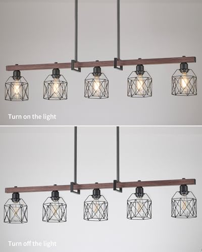 Rjieoc 5-Light Industrial Kitchen Island Lighting with Wood Grain Bar and Black Metal Cage, Farmhouse Rustic Hanging Ceiling Lamp for Dining Room, Living Room - image 2