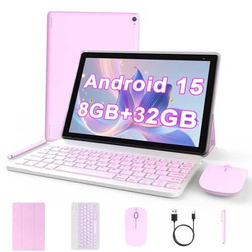 Android 15 Tablet 10 inch, 2 in 1 Tablet with Keyboard, 8GB RAM+32GB ROM Support 1TB Expandable Tablets PC, Quad-Core CPU, HD Screen, BT, WiFi, Long Battery Life Tablets with Case Mouse Stylus, Pink