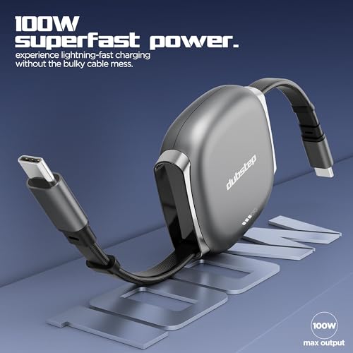 Image of Dubstep Blaze Fusion Rewind 100W Type-C to Type-C Retractable Cable 1M | PowerBlitz | 480 Mbps | Magnetic Connector Storage | 10K+ Cycles | Fast Charging (Grey)