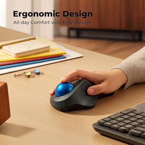 Image of Ergonomic Wireless Trackball Mouse for Wrist Comfort, Bluetooth & USB Receiver, Rechargeable Rollerball Mouse with 44mm Index Finger Trackball, 5 DPI Levels, Multi-Device for PC, Mac, Laptop