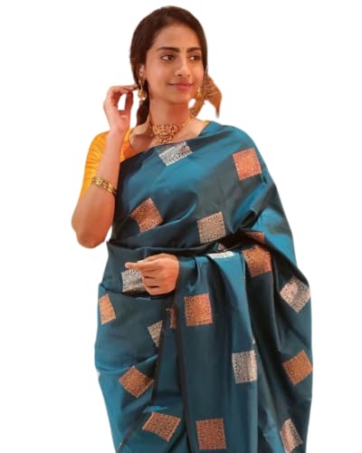 Image of Flosive Women's Kanjivaram Pure Zari Woven Soft Silk Saree With Blouse Piece And Gold Zari Boder (RAMA)