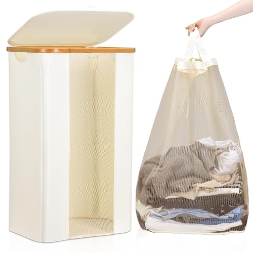 ELONG HOME Laundry Basket, 100L Beige Collapsible Laundry Baskets with Removable Liner and Bamboo Handle, Laundry Basket with Lid for Bathroom, Bedroom & Laundry Room