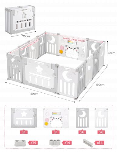 Foto von Dripex Laufstall Baby faltbar 150x150x62cm (14 Paneele) mit Spielboard, Laufgitter Baby, Kinderlaufstall & Babyzaun aus strapazierfähigem Plastik, Playpen für Innen & Außen, Grau