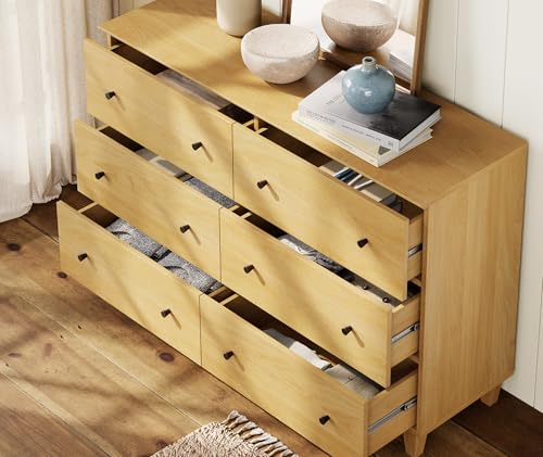 Image of WAMPAT Bedroom Dresser with 6 Drawers, Modern Chest of Drawers with Black Knobs, Wide Oak Wood Finish Storage Organizer for Kids Room, Living Room, Nursery, 47.2x15.5x32.4