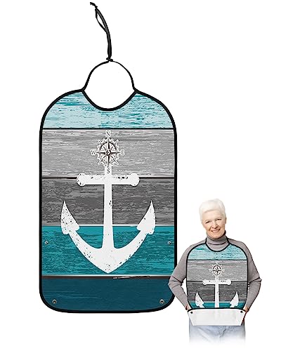 Turquoise Grey Ombre Wood Adult Bibs for Eating, Waterproof Bibs with Food Catcher & Adjustable Snap Closure, Beach Nautical Anchor Ocean Coastal Clothing Protectors Adult Bibs for Elderly Women/Men