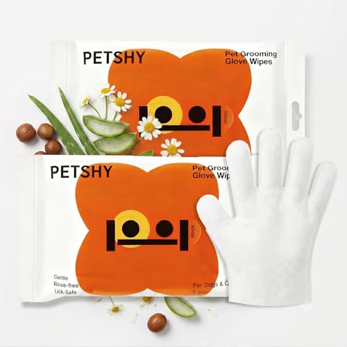 PETSHY 12 Count Pet Glove Wipes for Dogs and Cats, Unscented Dog Bath Gloves, Extra Thick Grooming Wipes for Daily Use, Outdoor Camping and Travel, 6 Count x 2 Pack
