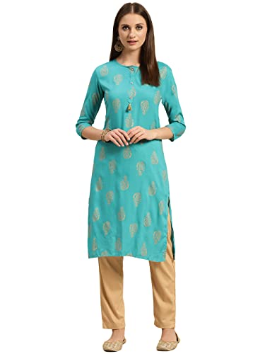 Image of rangita Turquoise Rayon Calf Length Printed Straight Kurti for Women | Kurta for Women