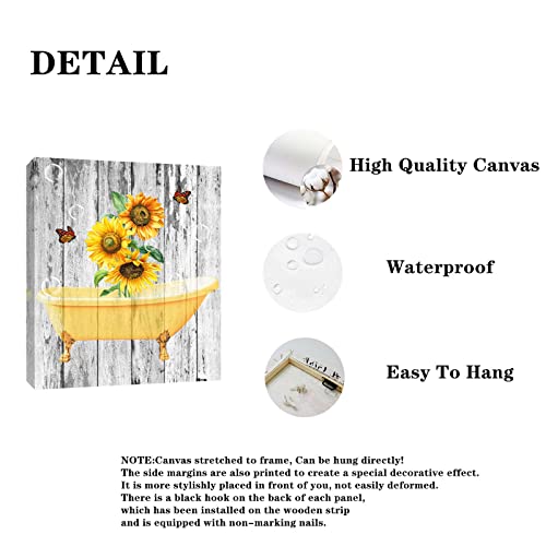 Fotric Sunflower Bathroom Wall Art Sunflower Butterfly Bathtub Canvas Picture Wall Decor Yellow Sunflower Grey Rustic Background Art Print Framed Painting (Wooden Frame8''X10'') #TOP2