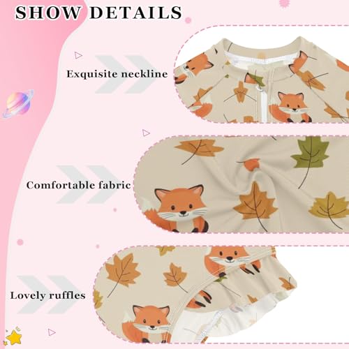 Cute Fox and Autumn Leaves Girls Long Sleeve Swimsuit Rash Guard One Piece Bathing Suits Zipper 3-12T4
