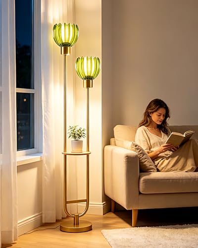 Image of 2-Lights Glass Floor Lamp with Shelf Gold Floor Lamp with Green Glass Shade, Mid Century Modern Standing Tall Lamps with Foot Switch for Living Room Bedroom Home Decor (Bulbs Included)