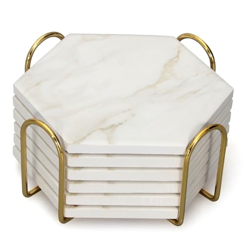 Juego de 6 posavasos de mármol blanco con soporte, posavasos hexagonales de cerámica, posavasos absorbentes para mesa de café, bar, posavasos de vino, posavasos modernos, posavasos de cerveza,